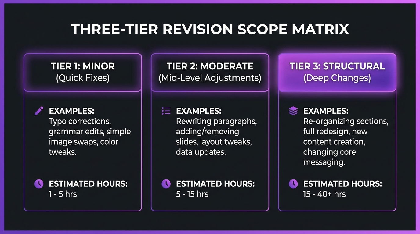 Managing Revisions: Rounds, Scope, and Costs 1 Revision scope tier framework showing Minor, Moderate, and Structural tiers with estimated editor time ranges