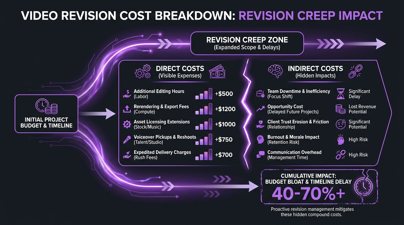 Managing Revisions: Rounds, Scope, and Costs 2 Video revision cost breakdown showing direct overage charges versus indirect timeline and opportunity costs