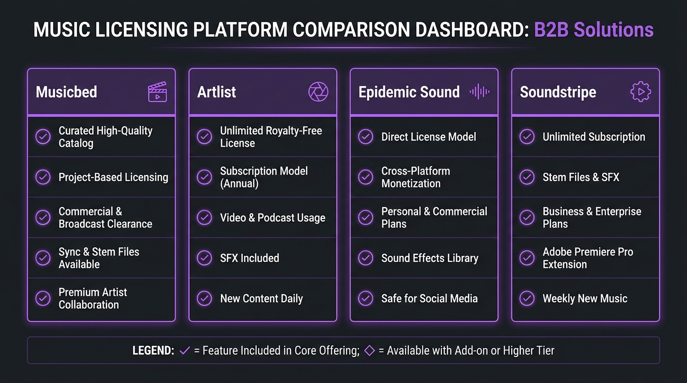 Music Licensing for Business Videos 2026 1 Music licensing platform comparison chart showing key features and pricing for Musicbed, Artlist, Epidemic Sound, and Soundstripe in 2026