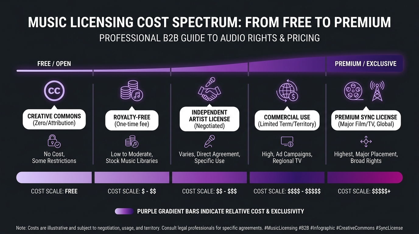 Music Licensing for Business Videos 2026 2 Cost comparison infographic for music licensing types: Creative Commons, royalty-free subscription, sync license, and custom composition for business videos