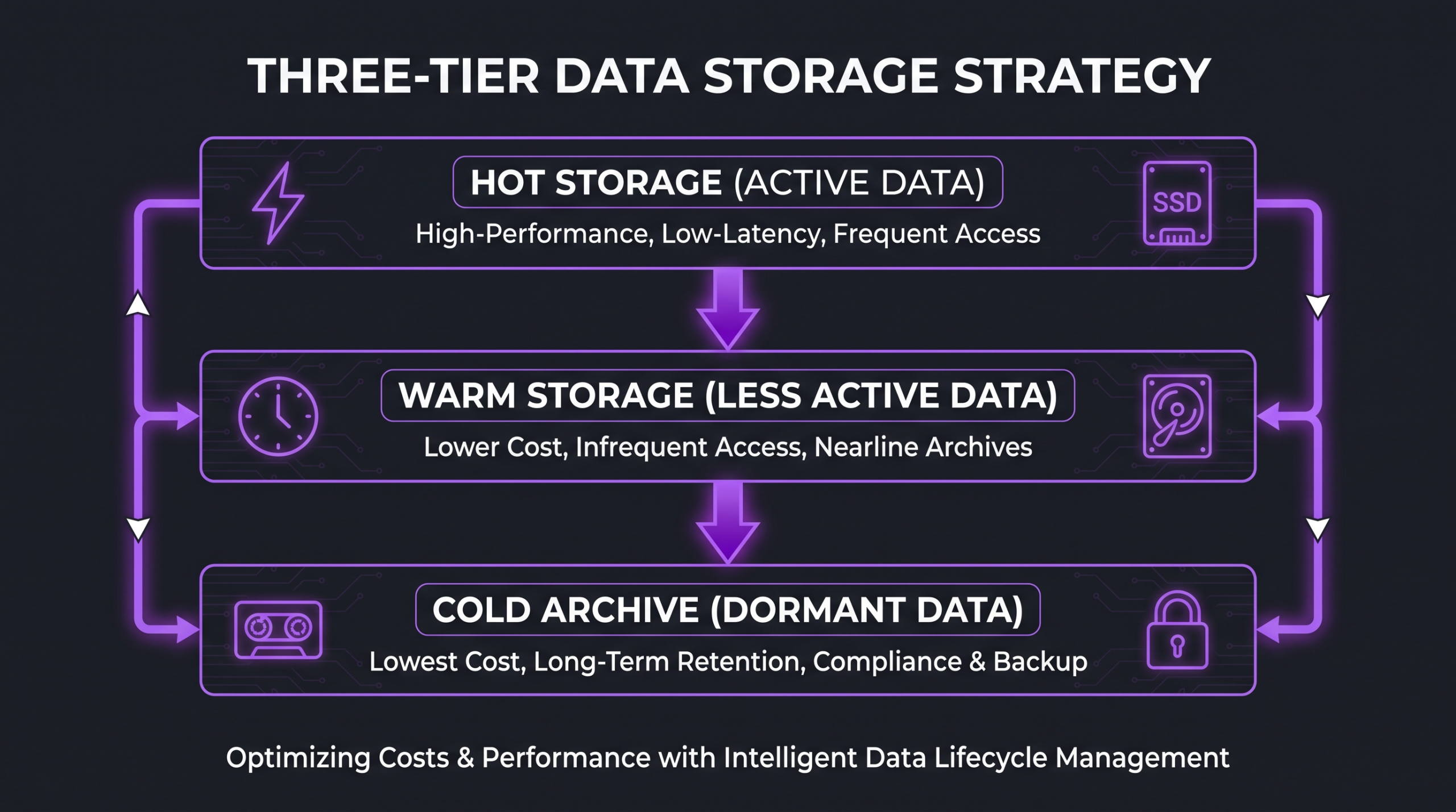 Archiving and Managing Raw Footage at Scale 2 Three-tier storage strategy diagram showing hot warm cold archive classification with data flow for raw video footage