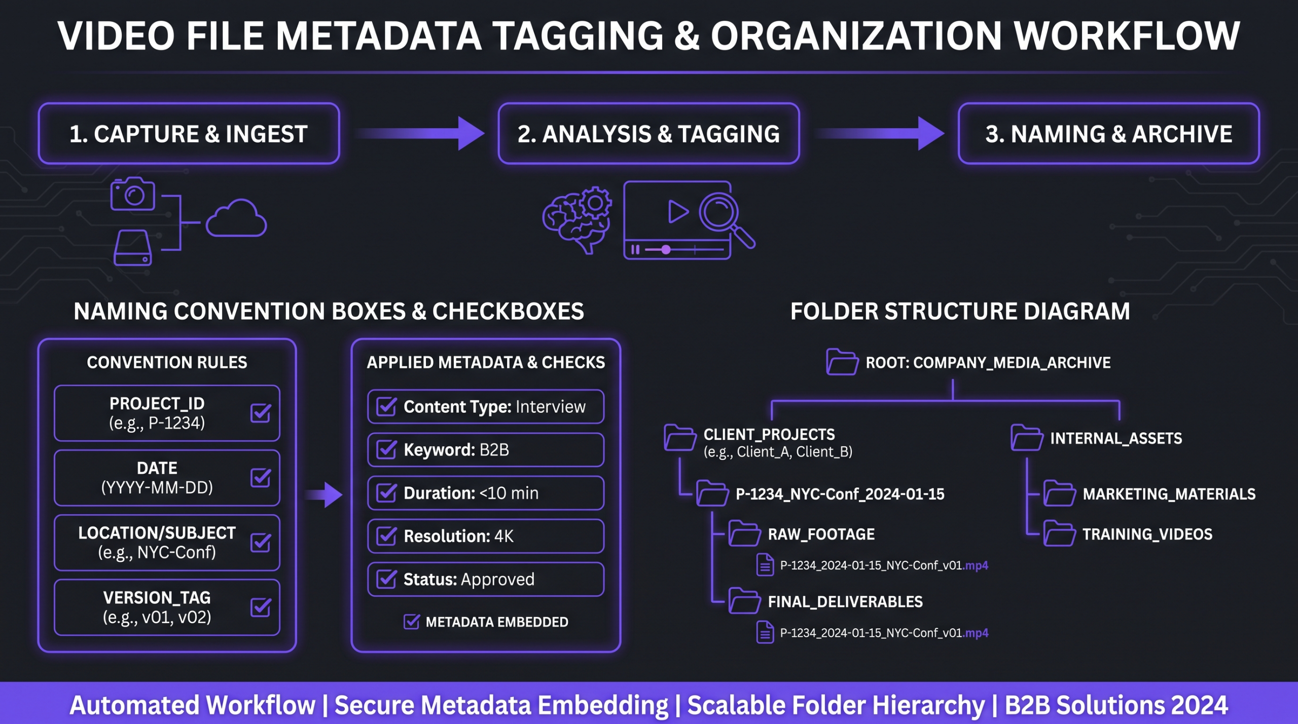 Archiving and Managing Raw Footage at Scale 1 Video file metadata tagging workflow showing naming convention structure and folder hierarchy for raw footage management