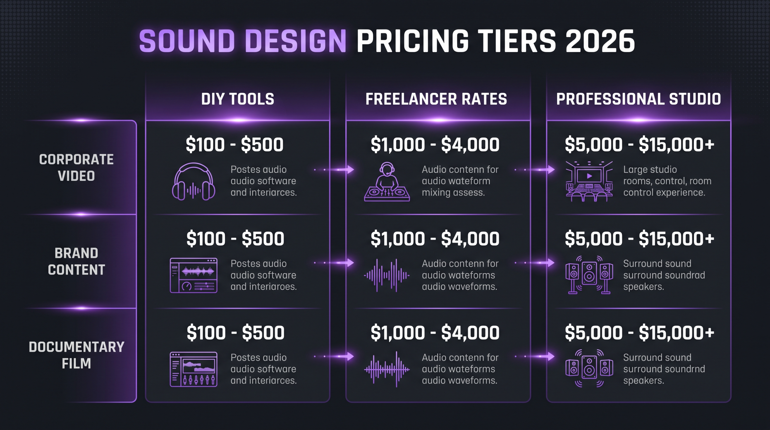 Sound Design and Audio Post Pricing 2026 2 Sound design pricing tiers comparison chart showing DIY, freelancer, and professional studio cost ranges for different video content types