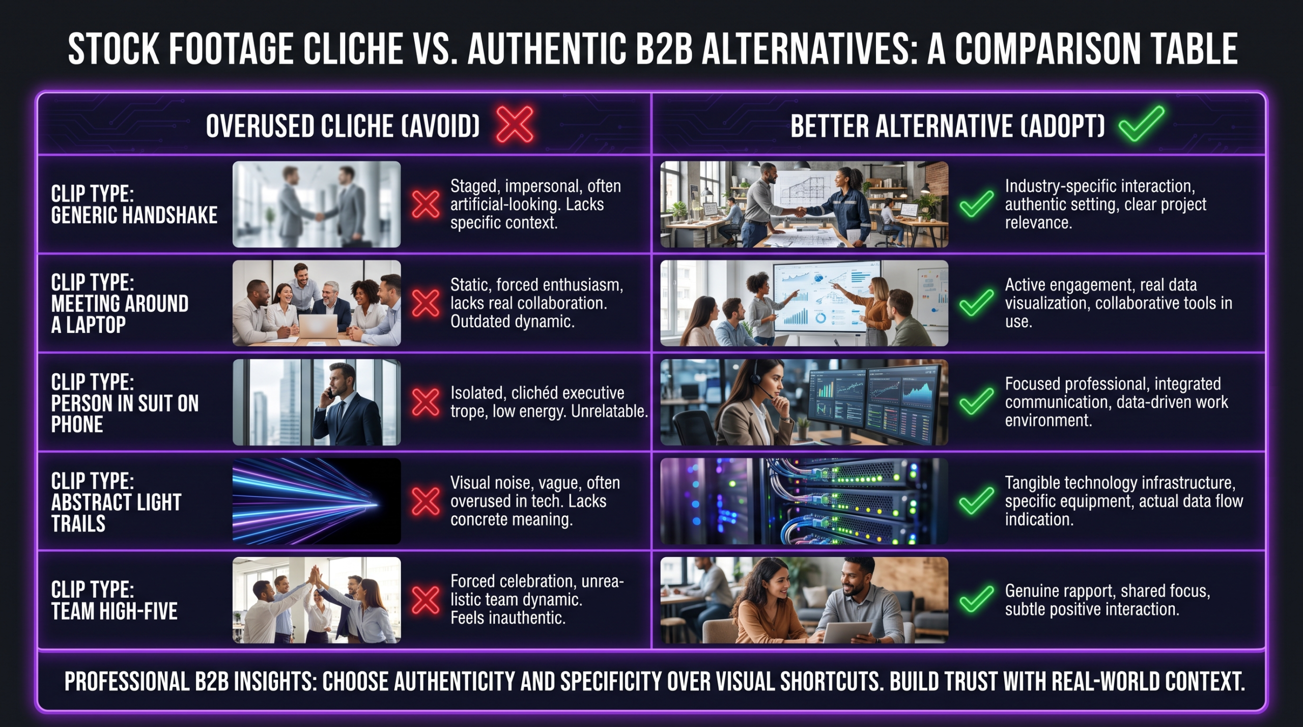 Stock Footage: When It Works, When It Hurts 1 Stock footage cliché comparison: overused clip types versus better alternatives for business videos