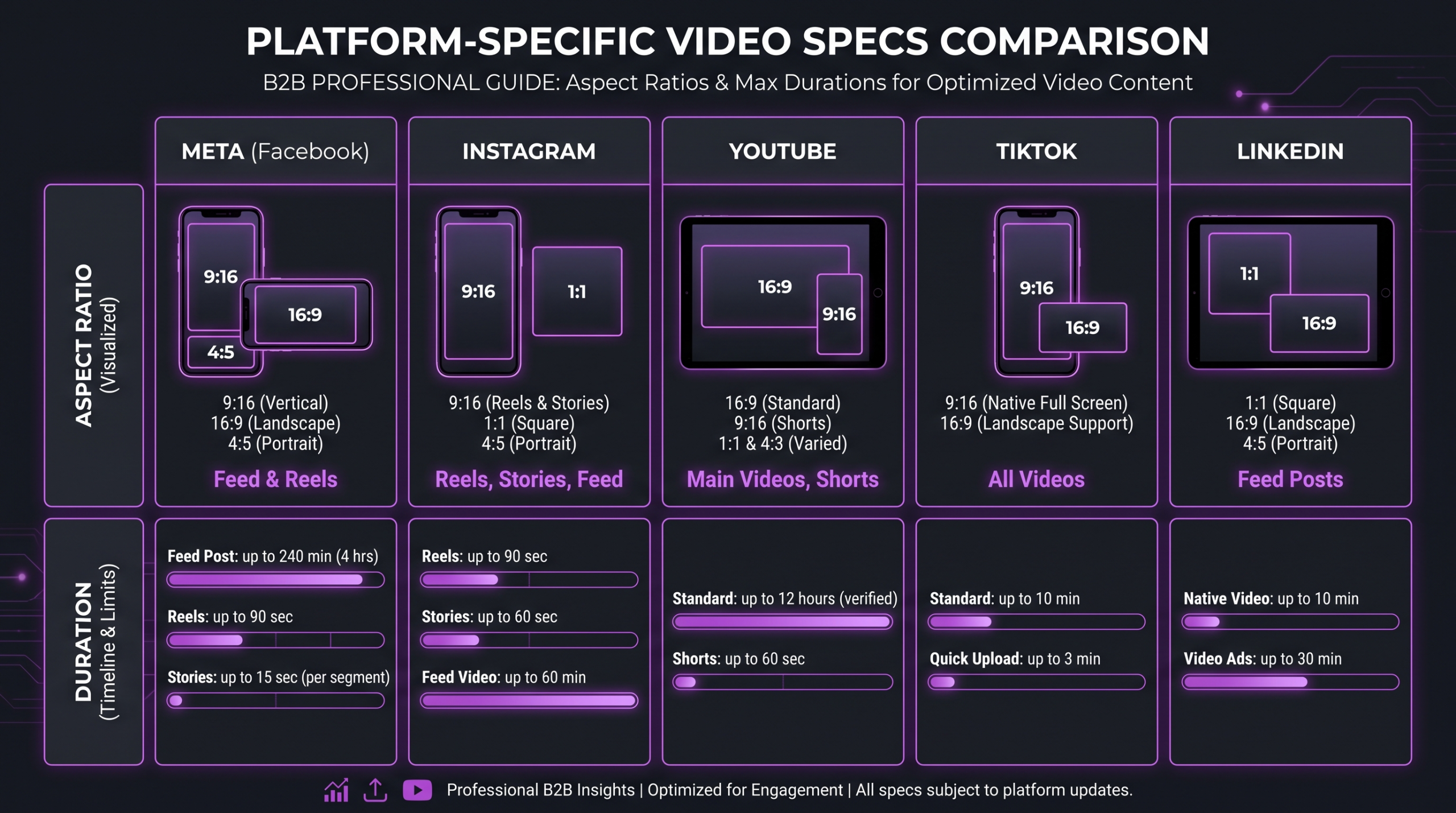 Video Editing for Product Launches 2026 2 Platform-specific video specs comparison chart for Meta YouTube TikTok and LinkedIn showing aspect ratios and durations for product launch cutdowns