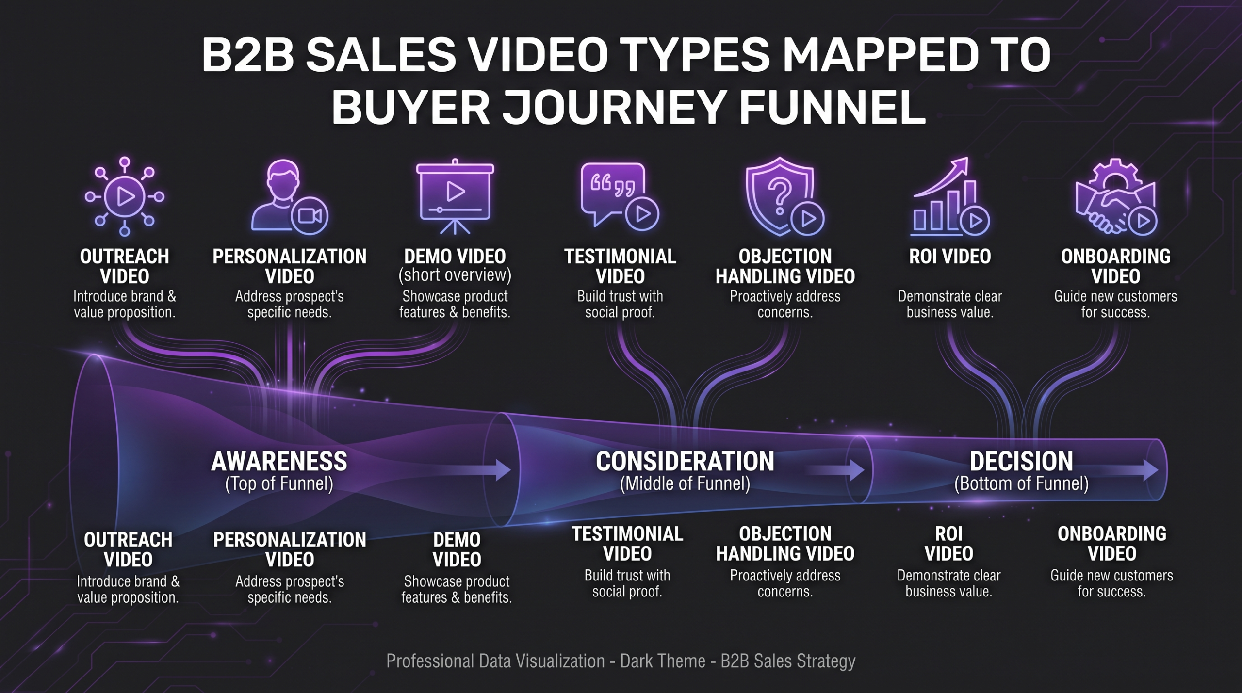 Video Editing for Sales Enablement Teams 1 Seven B2B sales video types mapped to the buyer journey funnel stages from outreach to close