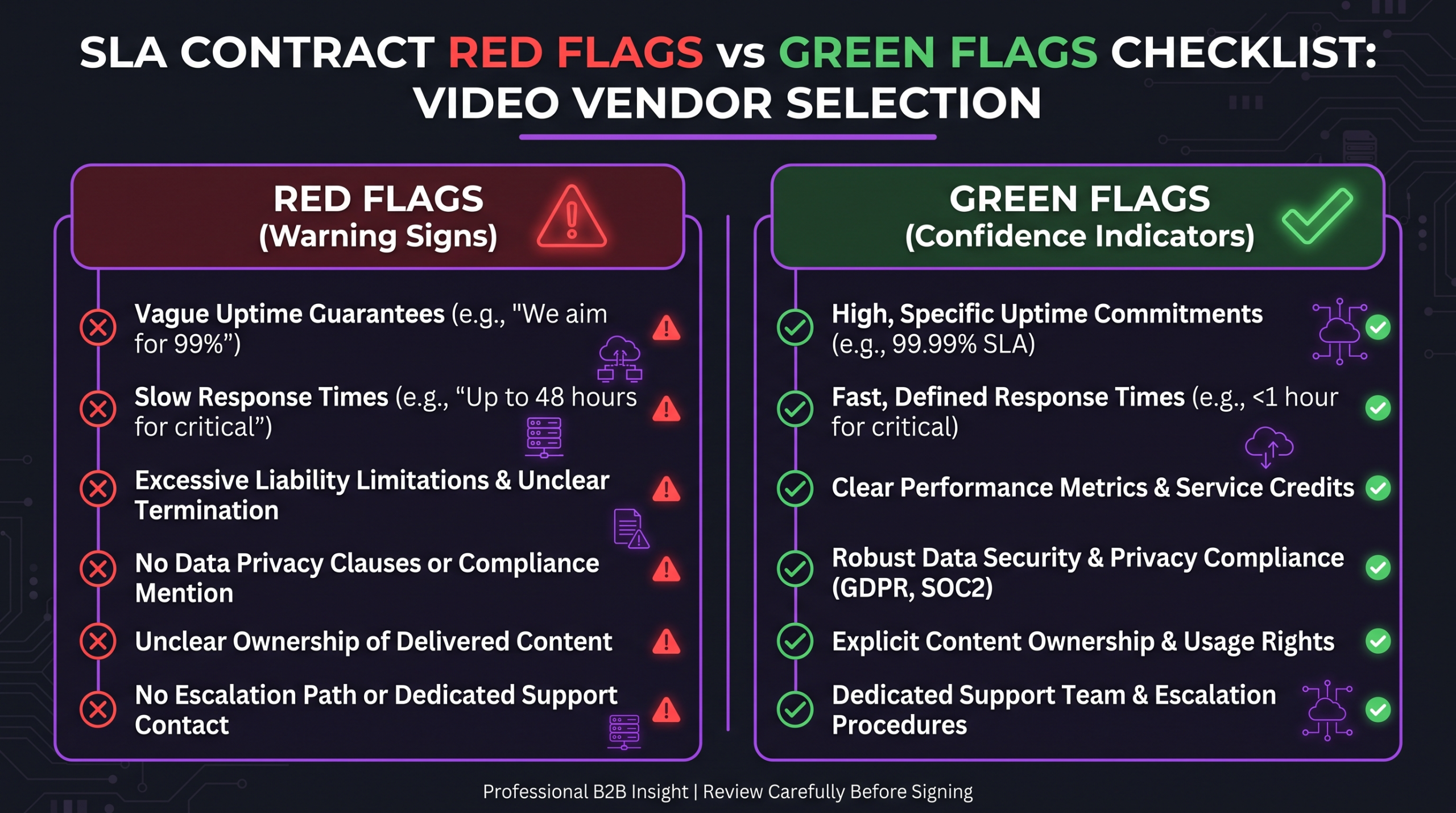 Video Editing SLAs: What to Demand From a Vendor 1 Red flags vs green flags checklist for evaluating video editing vendor SLA contracts — two-column comparison infographic