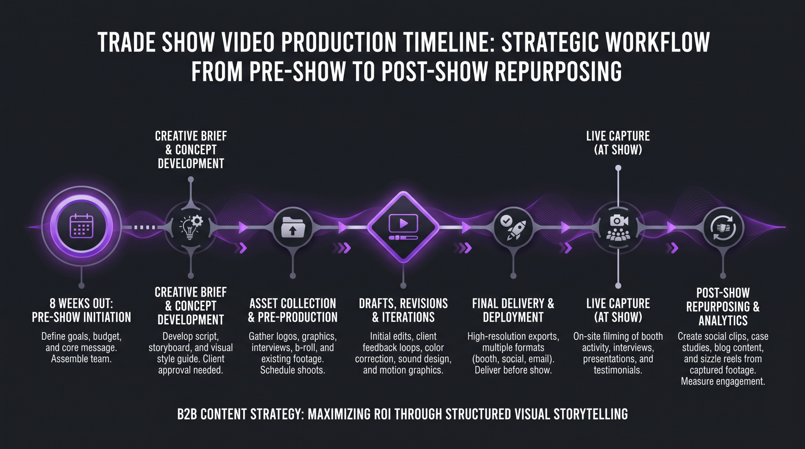 Video Editing for Trade Shows and Expos 2 Trade show video production timeline: from 8-week pre-show brief through on-site capture to post-show repurposing, with workflow phases and milestone markers