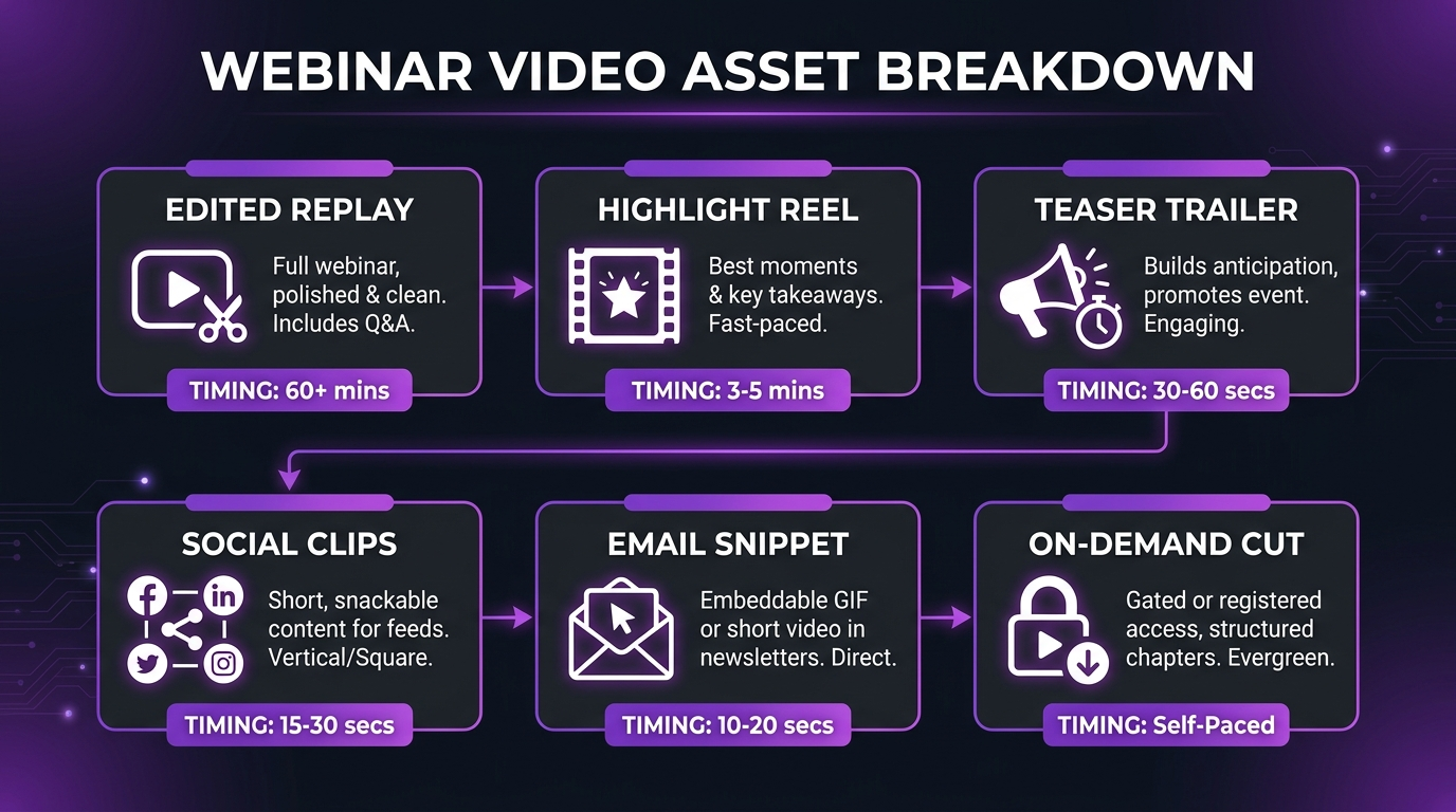 Video Editing for Webinar Funnels 1 The six video assets a webinar funnel needs: edited replay, highlight reel, teaser trailer, social clips, email snippet, and on-demand landing page cut