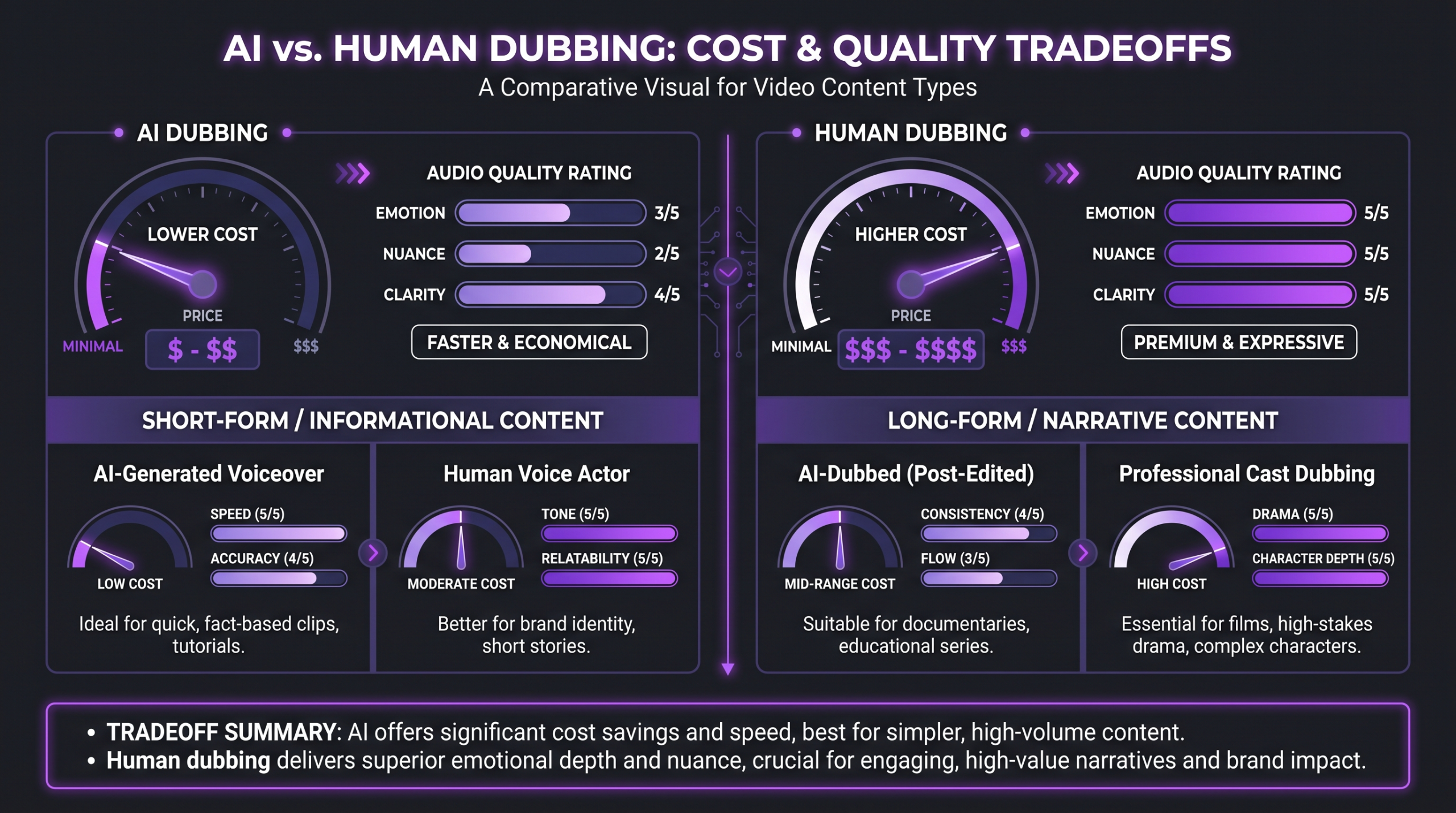 AI vs human dubbing cost comparison infographic showing price range dials and quality tradeoffs for different video content types