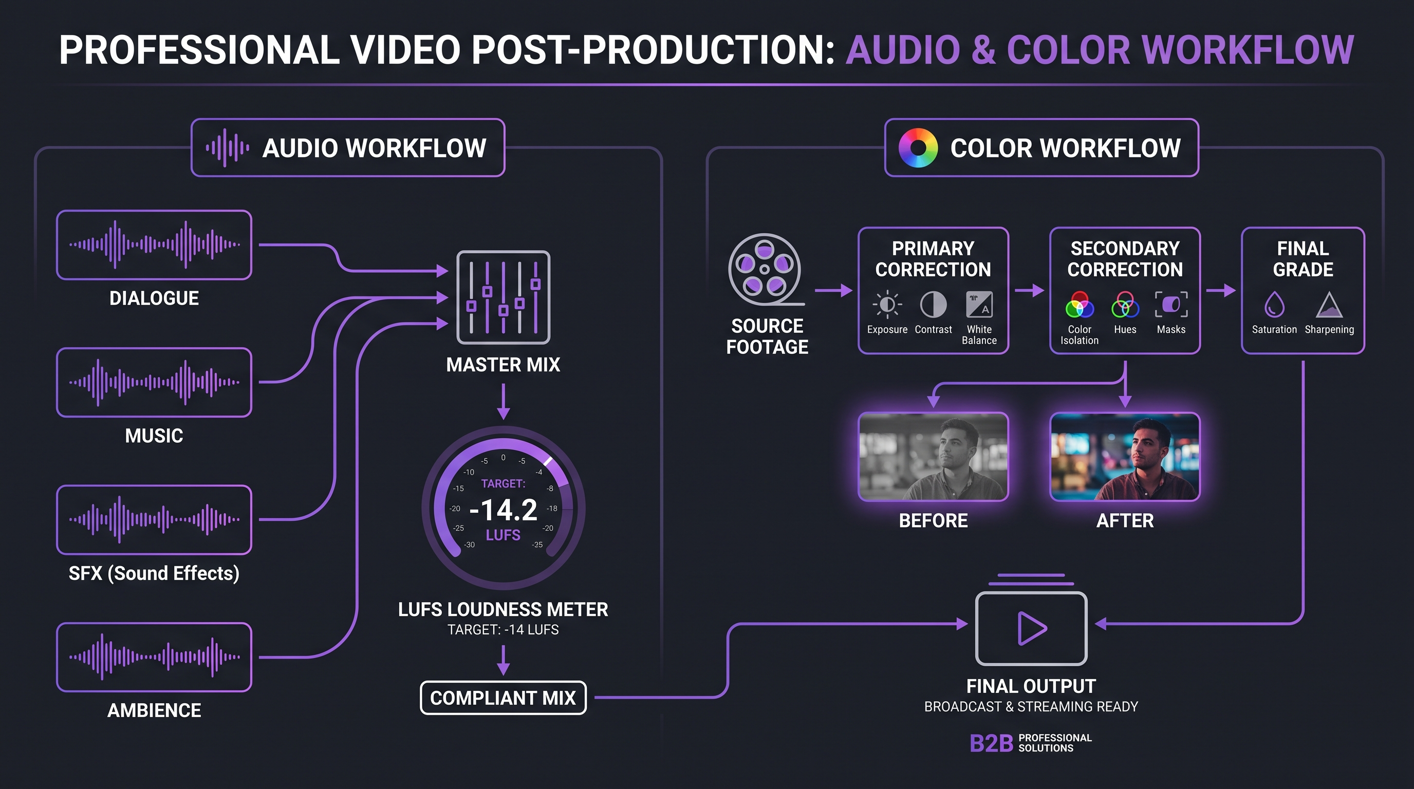 Video Post-Production Checklist: 25 Steps 2 Video post-production audio and color workflow: LUFS loudness meter, audio mix layers, and primary and secondary color correction pipeline