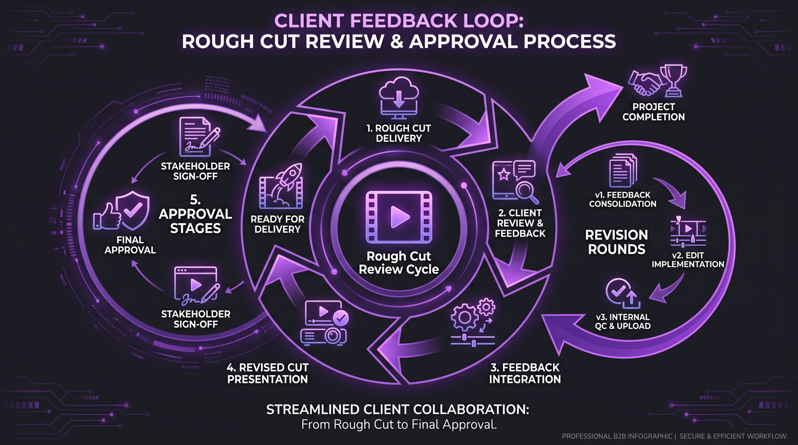 What Is a Rough Cut? Edit Stages Explained 1 Client feedback loop diagram showing revision rounds and approval stages in video editing