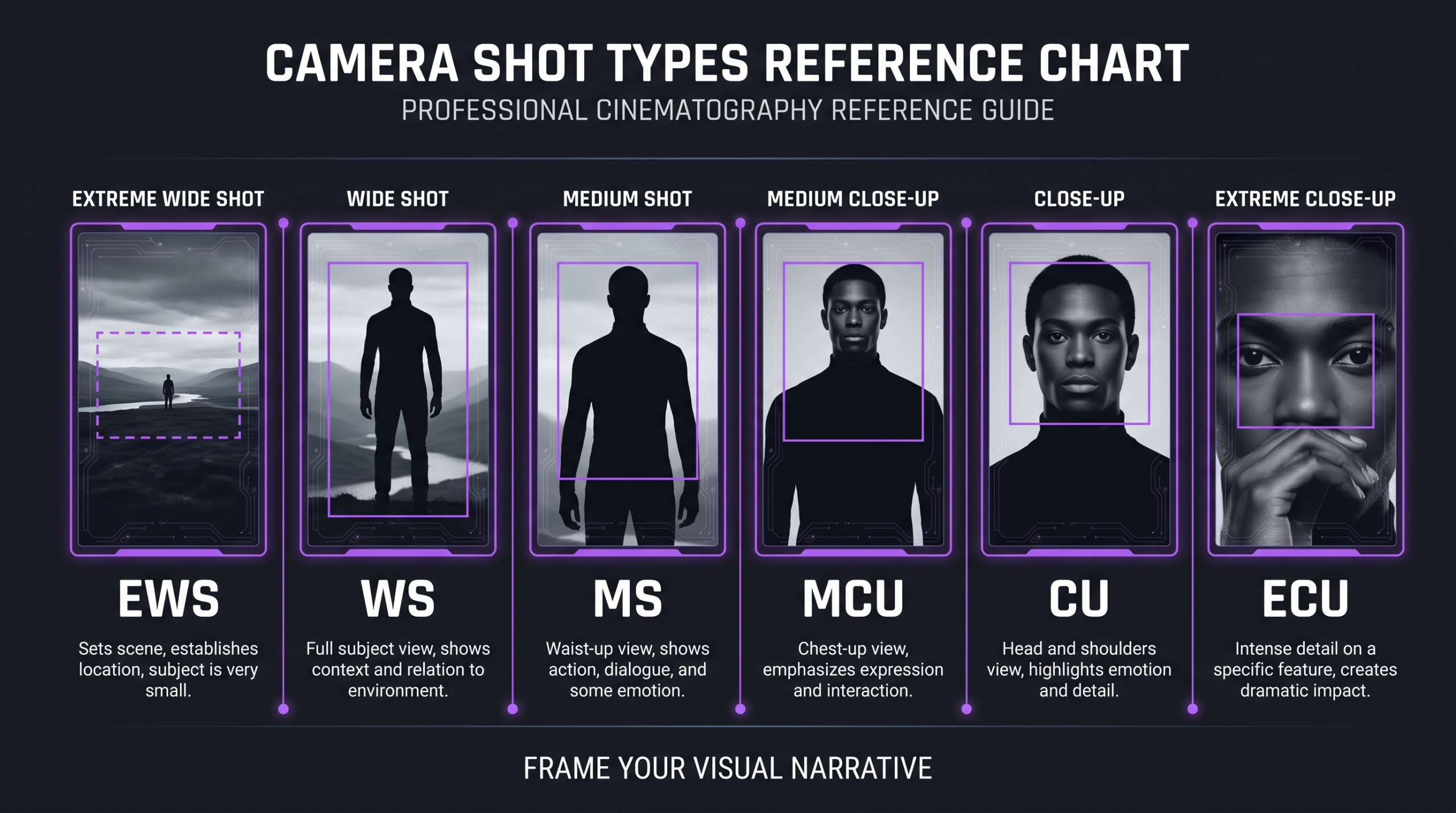 Camera shot types reference chart showing six framing examples from Extreme Wide Shot to Extreme Close-Up, with silhouette figures illustrating each crop boundary and abbreviations EWS, WS, MS, MCU, CU, ECU