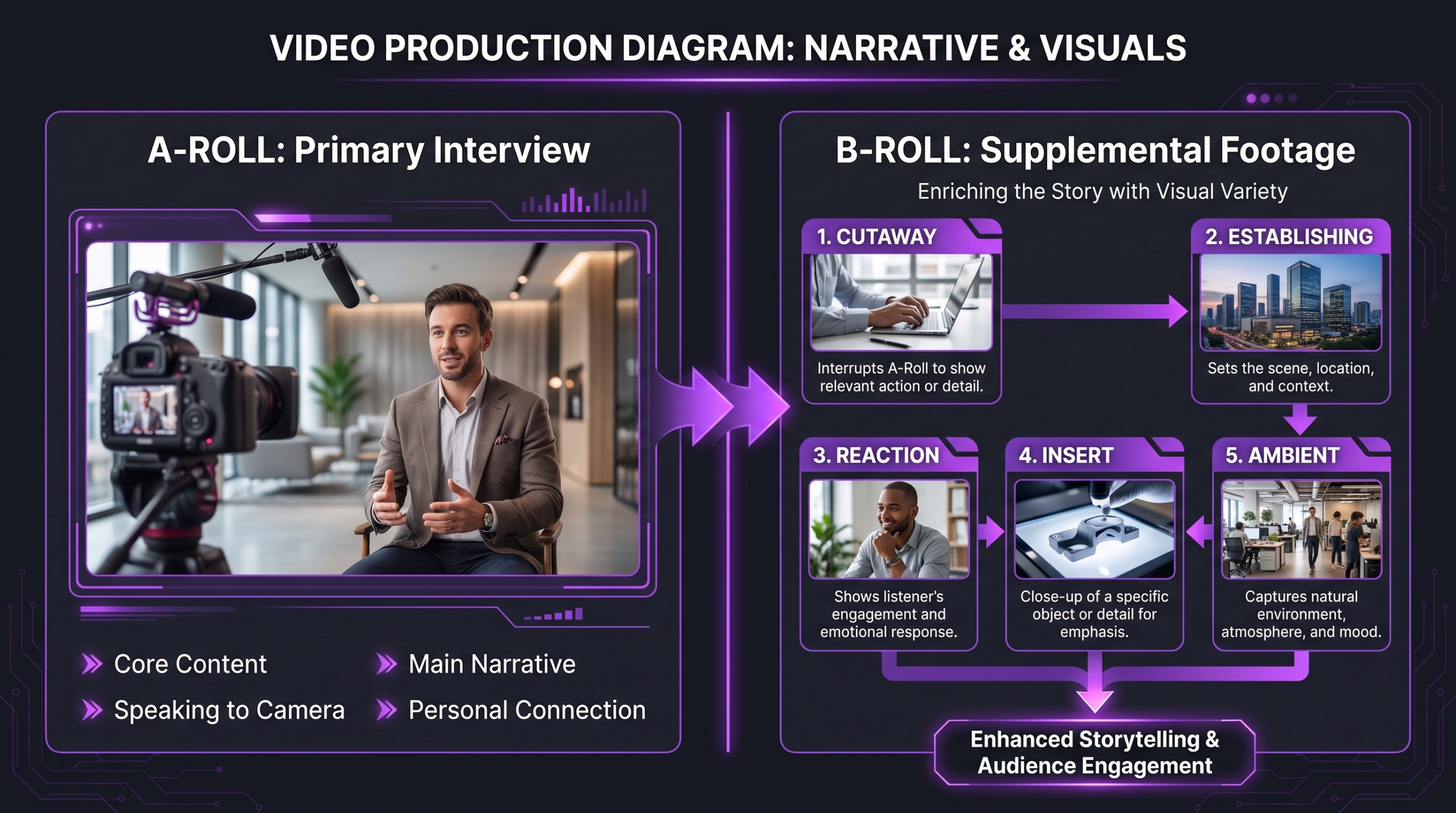 What Is B-Roll? Uses, Sources, Examples 1 Diagram comparing A-roll interview footage and B-roll cutaway footage showing how they layer together in a video editing timeline