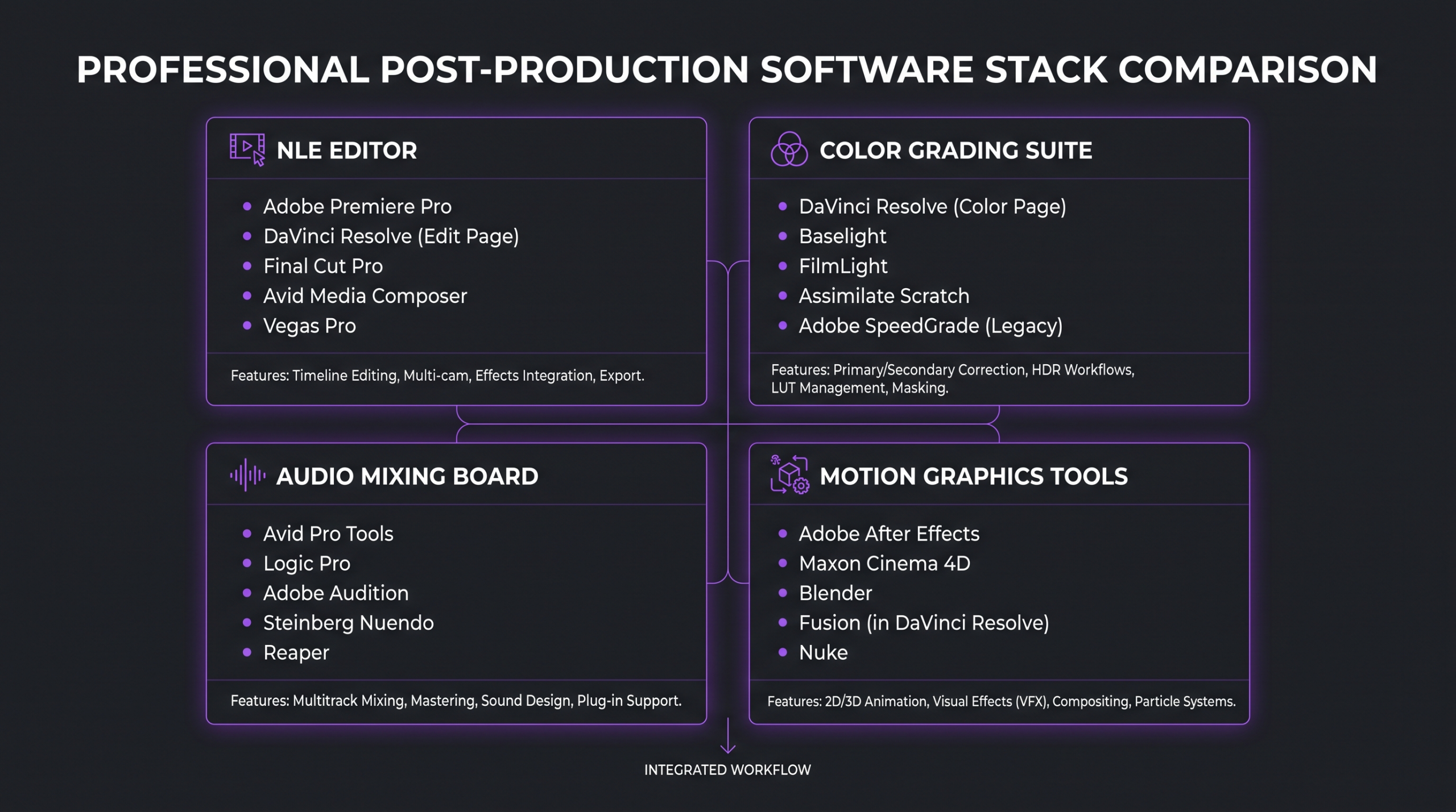 Video post-production workflow diagram showing eight stages from footage ingest to final export