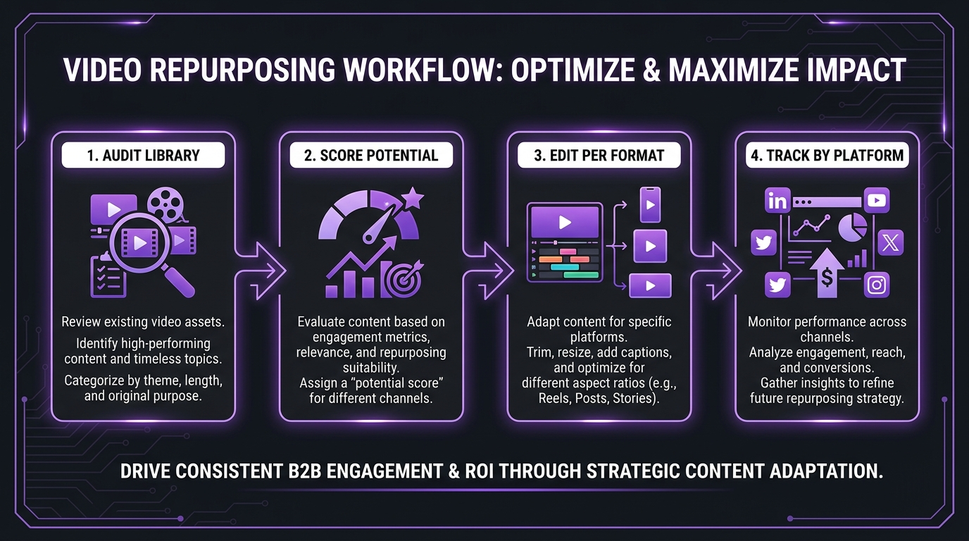 What Is Video Repurposing? ROI + Examples 1 Video repurposing workflow: four steps from library audit to platform tracking