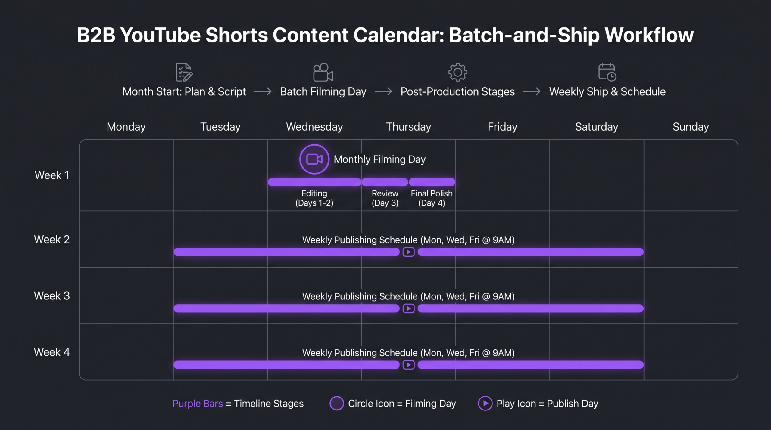 B2B YouTube Shorts batch-and-ship production workflow showing monthly filming day, post-production phases, and weekly publishing schedule