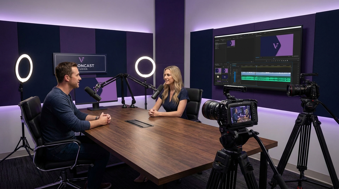 Professional podcast production studio setup for video podcast recording