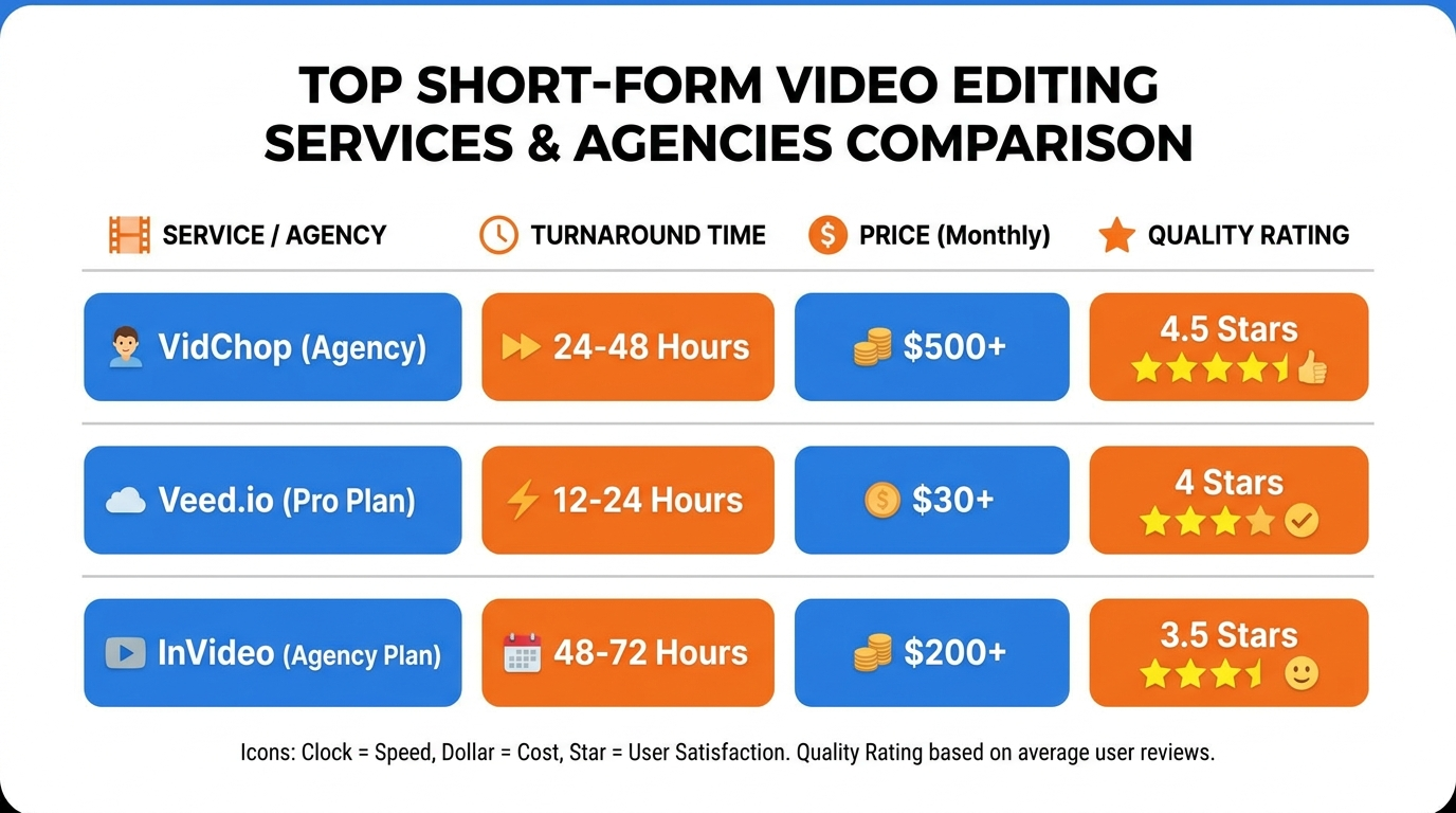 Short-form video agency comparison chart showing pricing turnaround and platform specializations