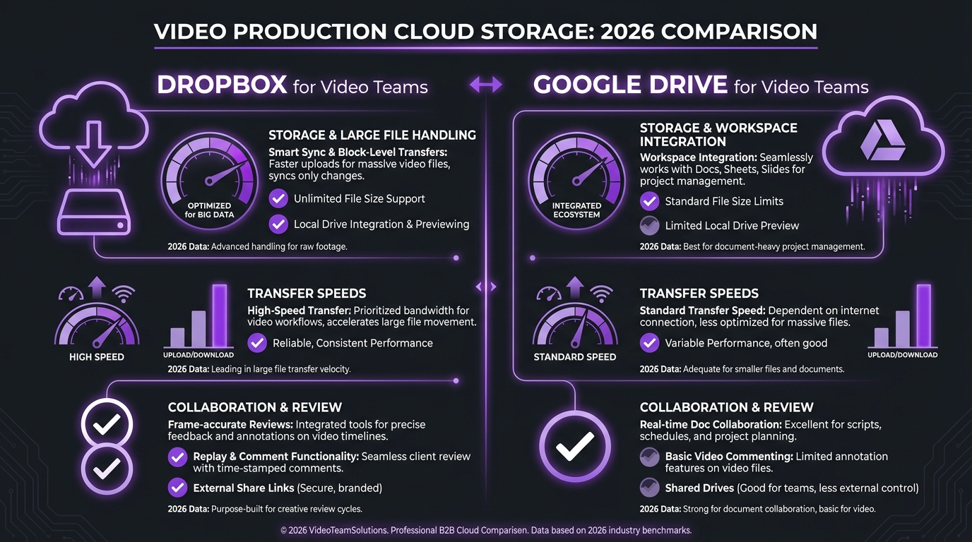 Dropbox vs Google Drive for video teams comparison infographic 2026