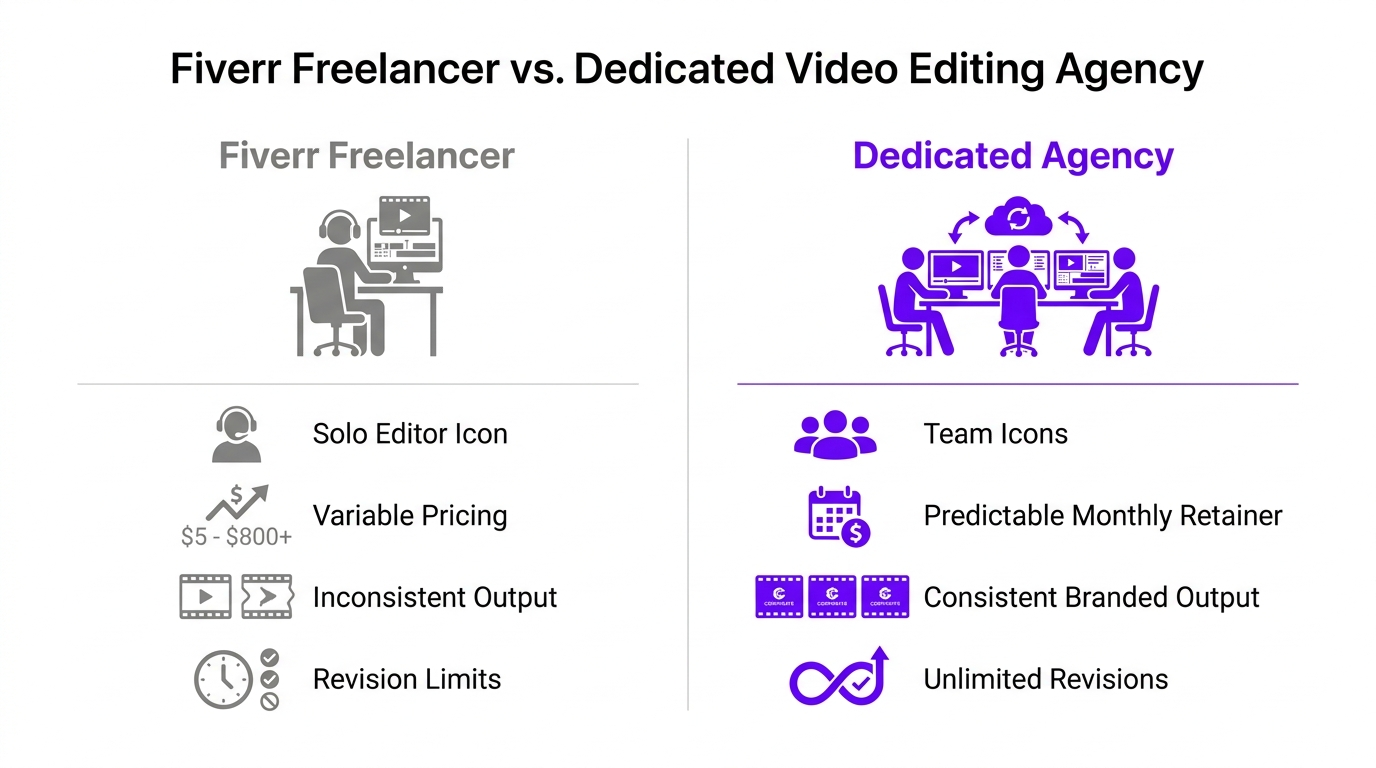 Fiverr Video Editors: An Honest Agency Insider Review 2 Fiverr freelance video editor vs dedicated agency comparison chart