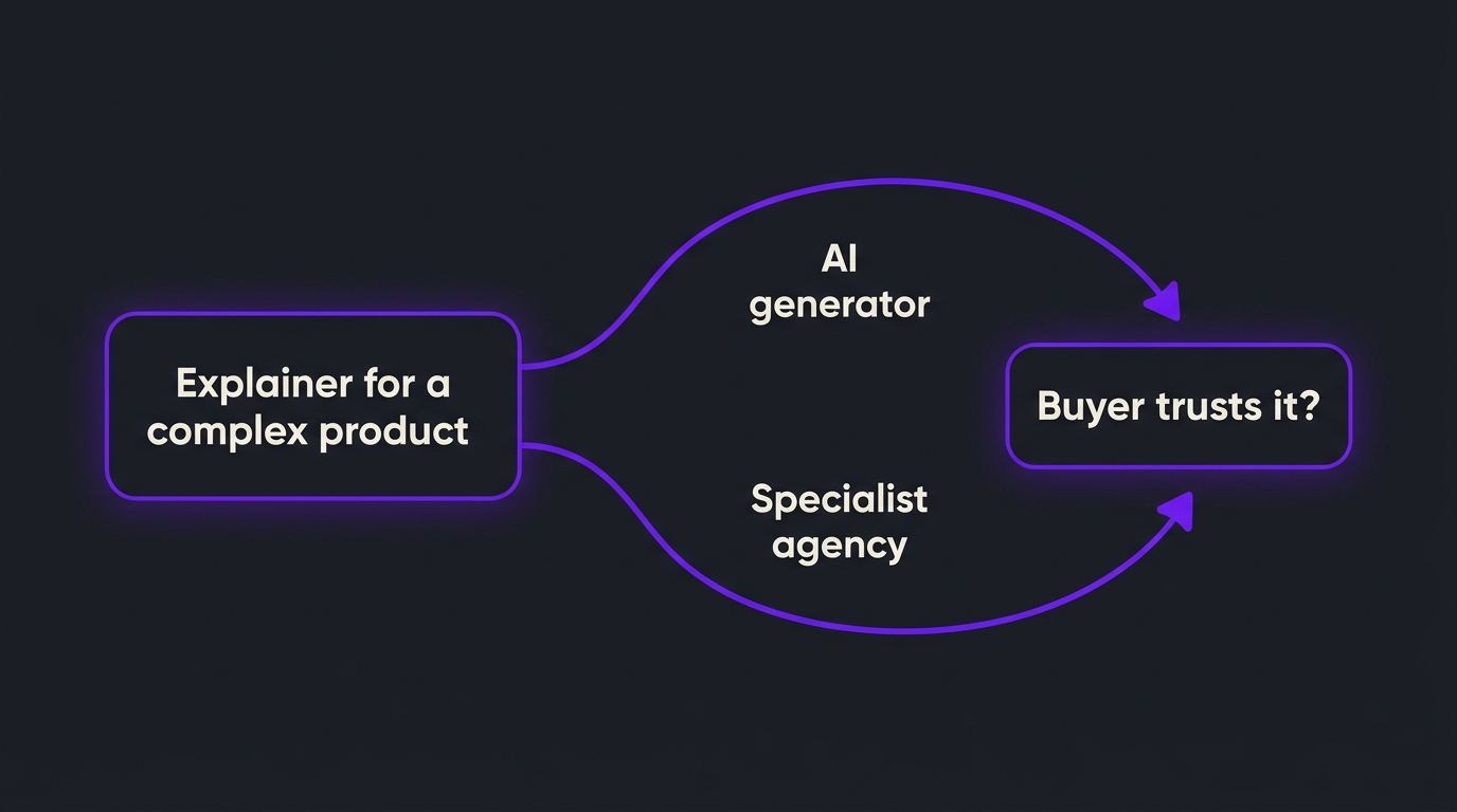 Decision diagram: an explainer for a complex product can go through an AI generator or a specialist agency, and both lead to the same question of whether the buyer trusts it