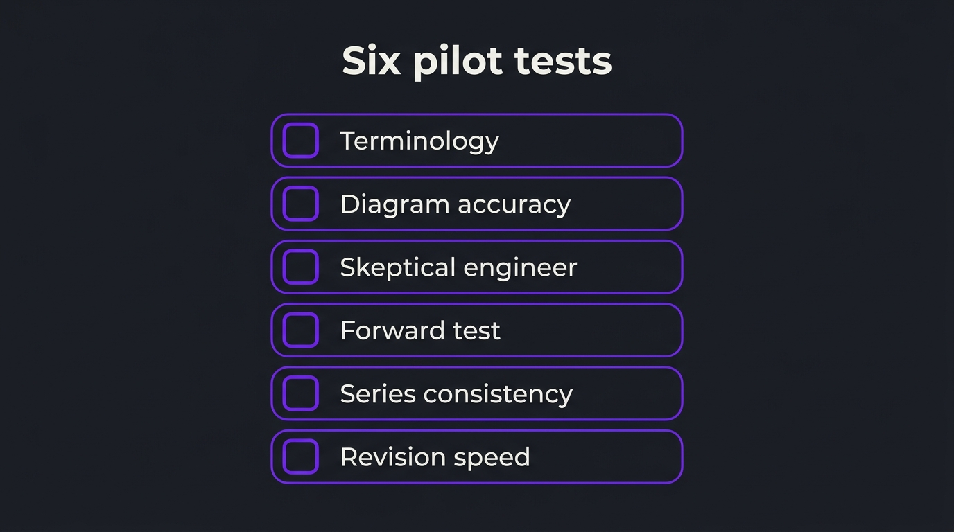 Checklist of six pilot tests for comparing an AI explainer generator with an agency: terminology, diagram accuracy, skeptical engineer, forward test, series consistency and revision speed