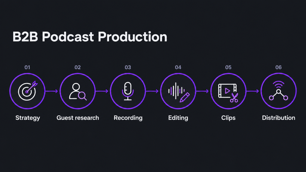 B2B podcast production pipeline from strategy to distribution