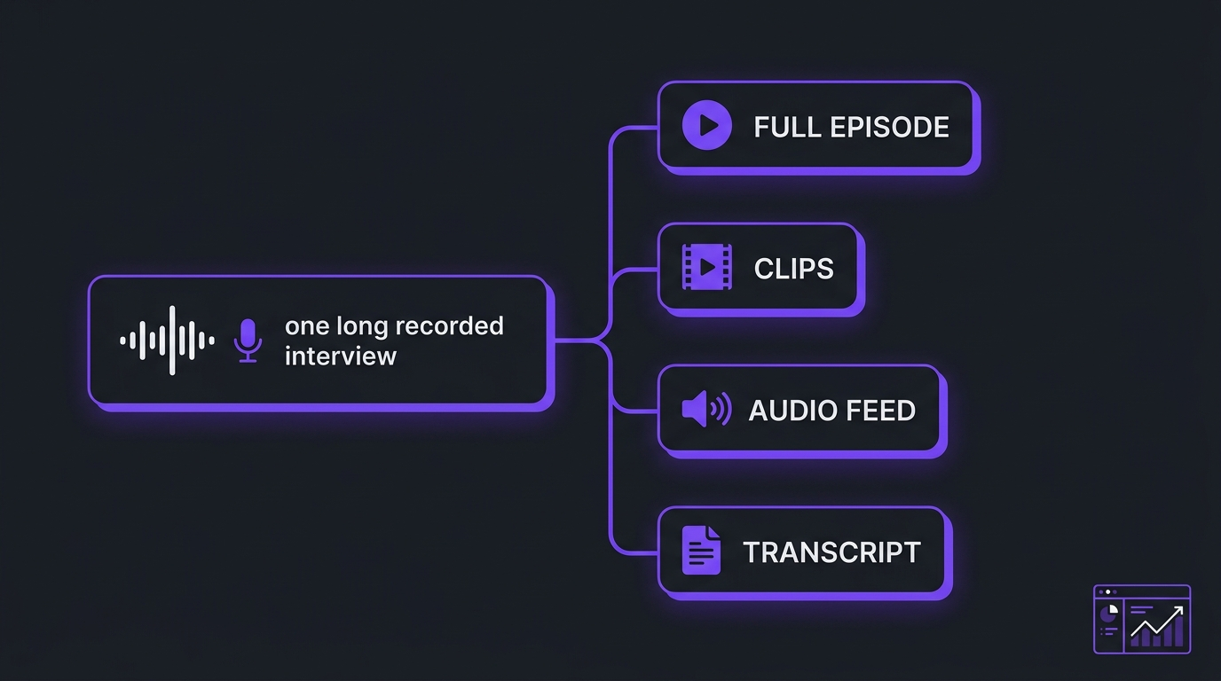 One long recorded interview split into full episode, clips, audio feed and transcript