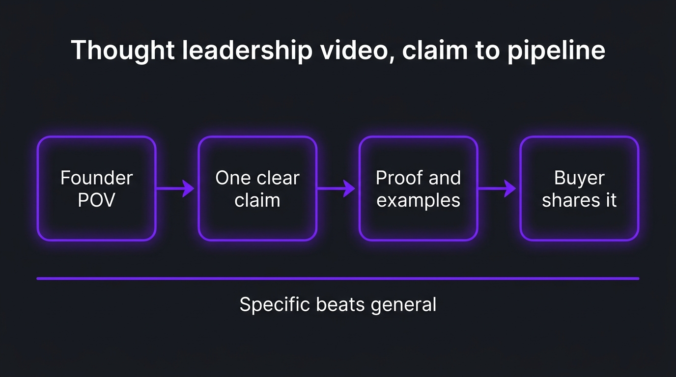 Thought leadership video flow for B2B: founder point of view, one clear claim, proof and examples, then a buyer who shares it