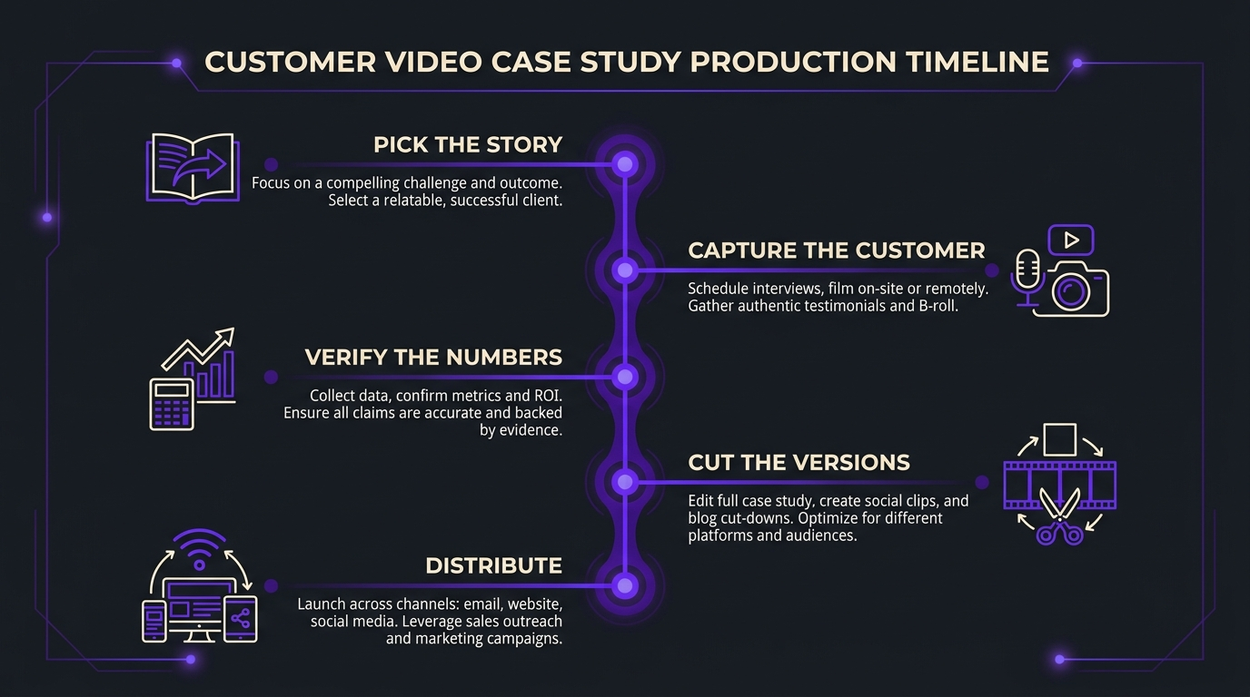 Vertical timeline of five steps for producing a B2B video case study: pick the story, capture the customer, verify the numbers, cut the versions and distribute