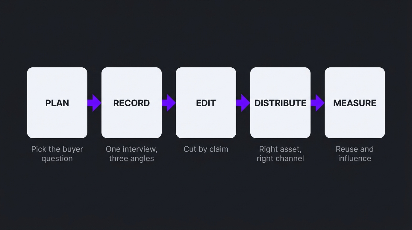 The B2B Video Content Engine: One Interview, 20 Assets 2 Five-stage B2B video content engine workflow: plan, record, edit, distribute, measure