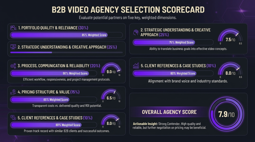 B2B video agency selection scorecard with weighted criteria