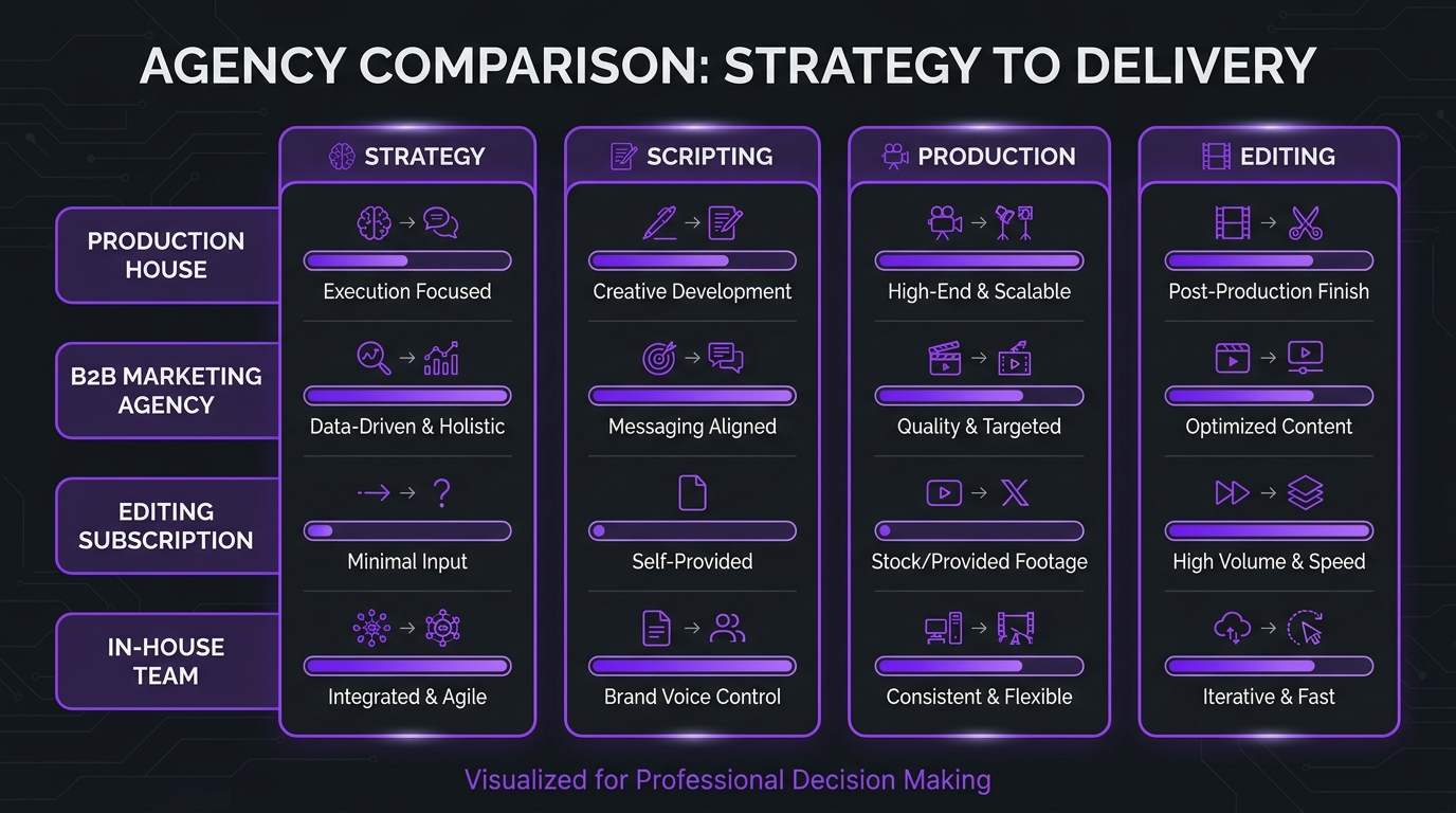 B2B Video Marketing Agency: How to Choose One in 2026 1 Comparison of four video partner types for B2B tech companies: production house, B2B marketing agency, editing subscription and in-house team