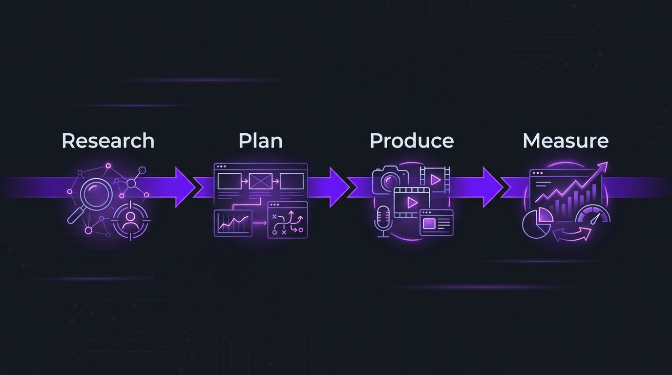 Dark infographic of a B2B video marketing strategy as a four-stage flow: research, plan, produce, measure