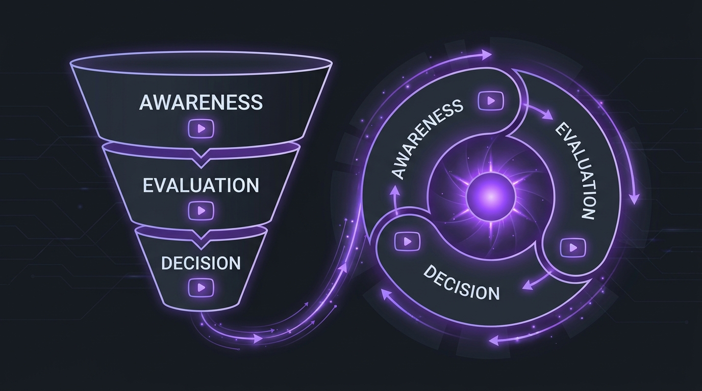Dark infographic comparing a linear marketing funnel with a looping flywheel across awareness, evaluation and decision stages