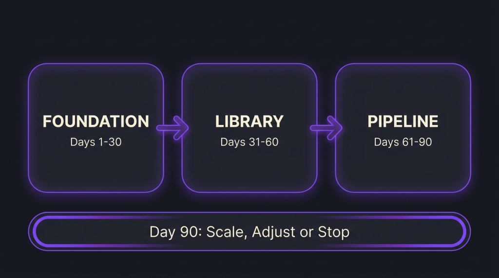 Three-phase 90-day B2B YouTube channel plan: Foundation, Library, Pipeline, ending in a scale, adjust or stop decision