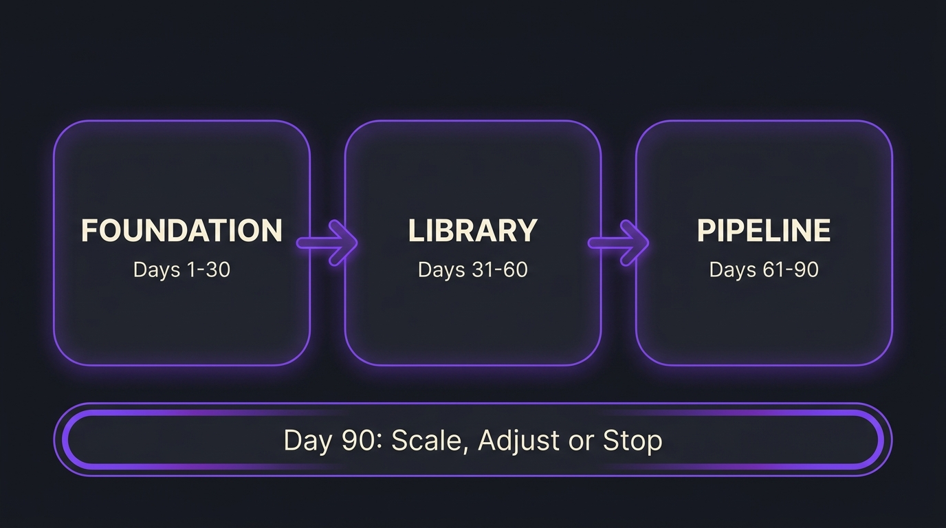 Dark infographic of a 90-day B2B YouTube channel plan with three phases: foundation, library, pipeline
