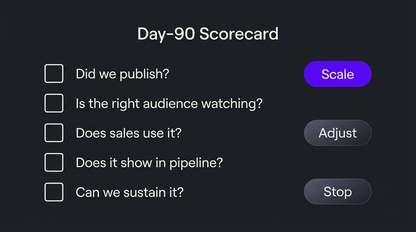 Dark infographic of a B2B YouTube day-90 scorecard with scale, adjust and stop decisions