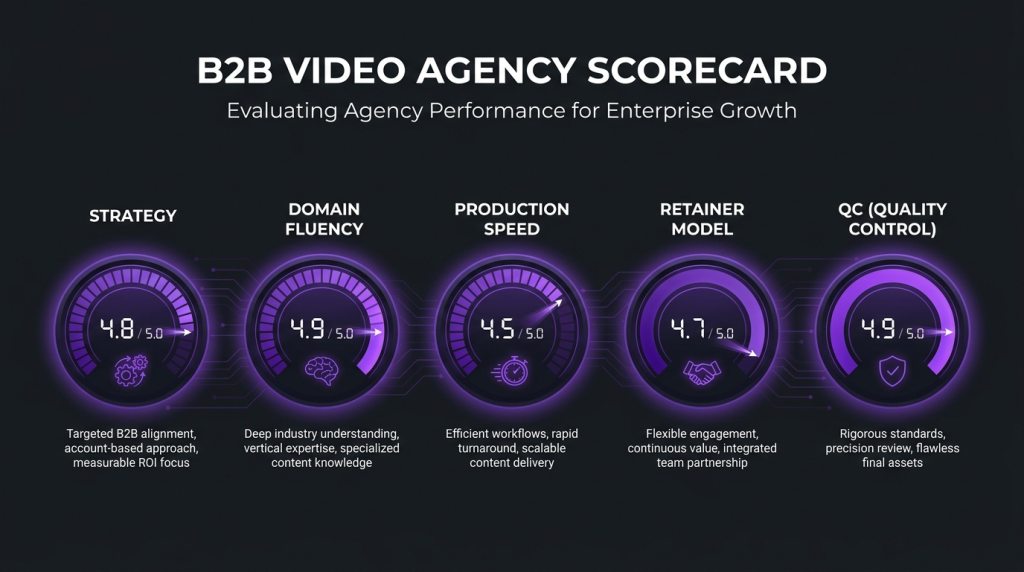 Scorecard of B2B video agency criteria: strategy, domain fluency, speed, retainer model and QC