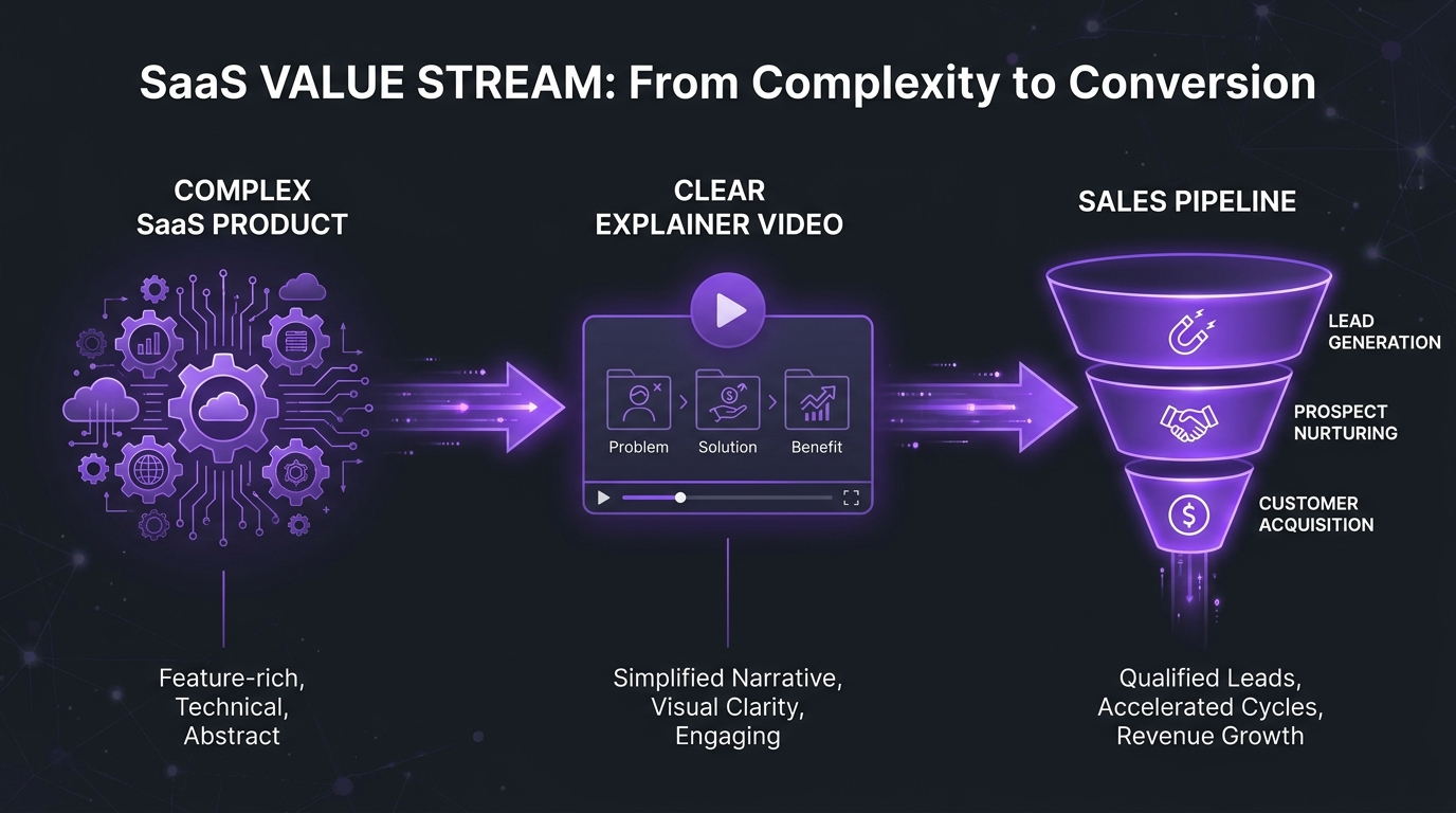 Best B2B Video Marketing Agencies for SaaS (2026) 1 Flow diagram from a complex SaaS product to a clear explainer video to the sales pipeline