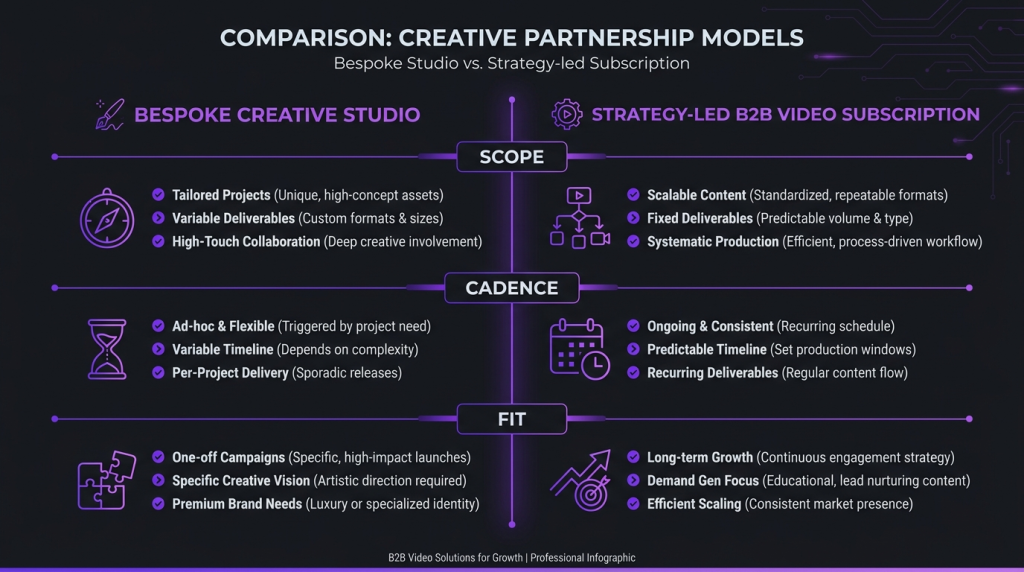 Comparison of a bespoke creative studio and a strategy-led B2B video subscription across scope, cadence and fit