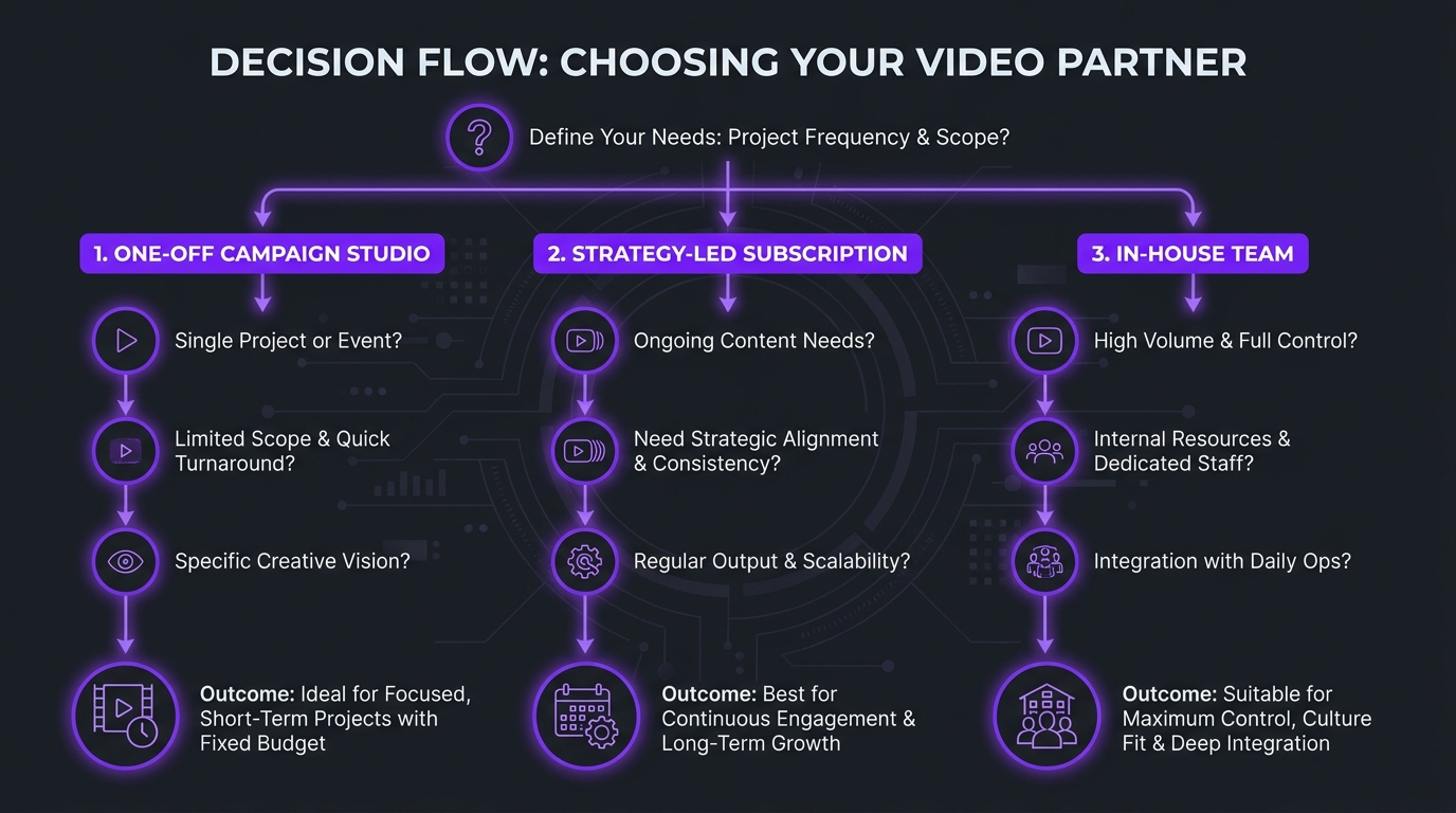 Decision flow for choosing a video partner: one-off campaign studio, strategy-led subscription or in-house team