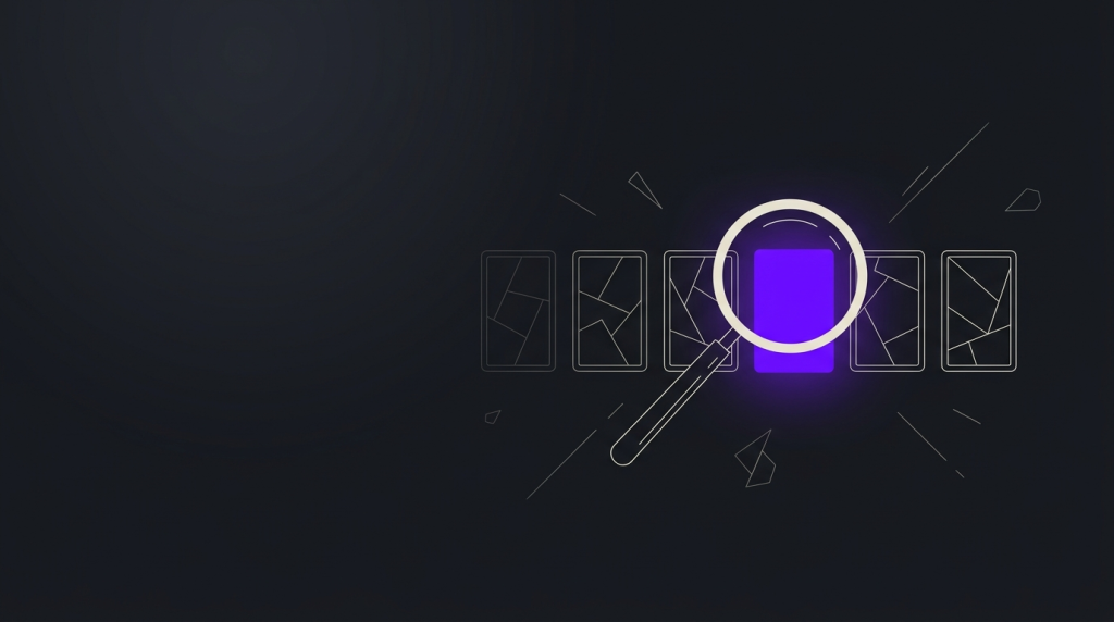 Illustration of a magnifying glass highlighting one of several video frames, representing a comparison of B2B explainer video studios