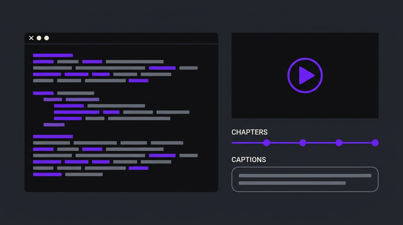 Mockup of a terminal beside a video player with chapter markers and captions