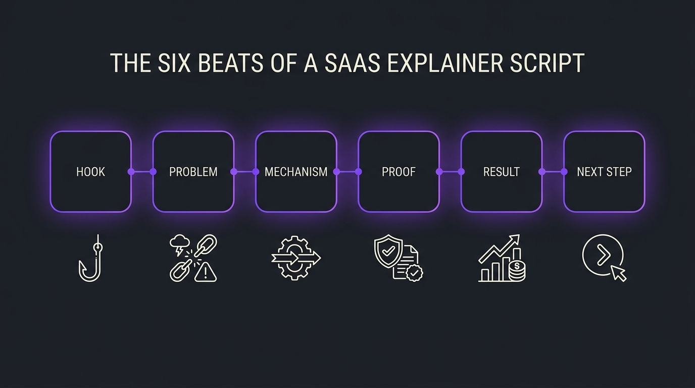 Dark diagram of the six beats of a SaaS explainer script: hook, problem, mechanism, proof, result and next step