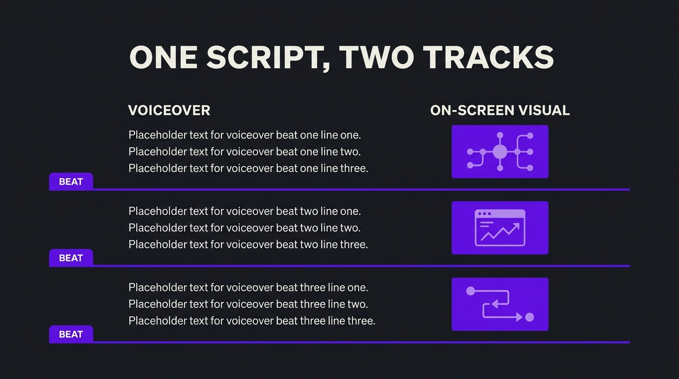 Mockup of a two-column explainer script with voiceover on the left and the on-screen visual on the right