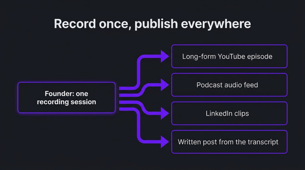Record once, publish everywhere: one founder recording session feeding a YouTube episode, podcast feed, LinkedIn clips and a written post