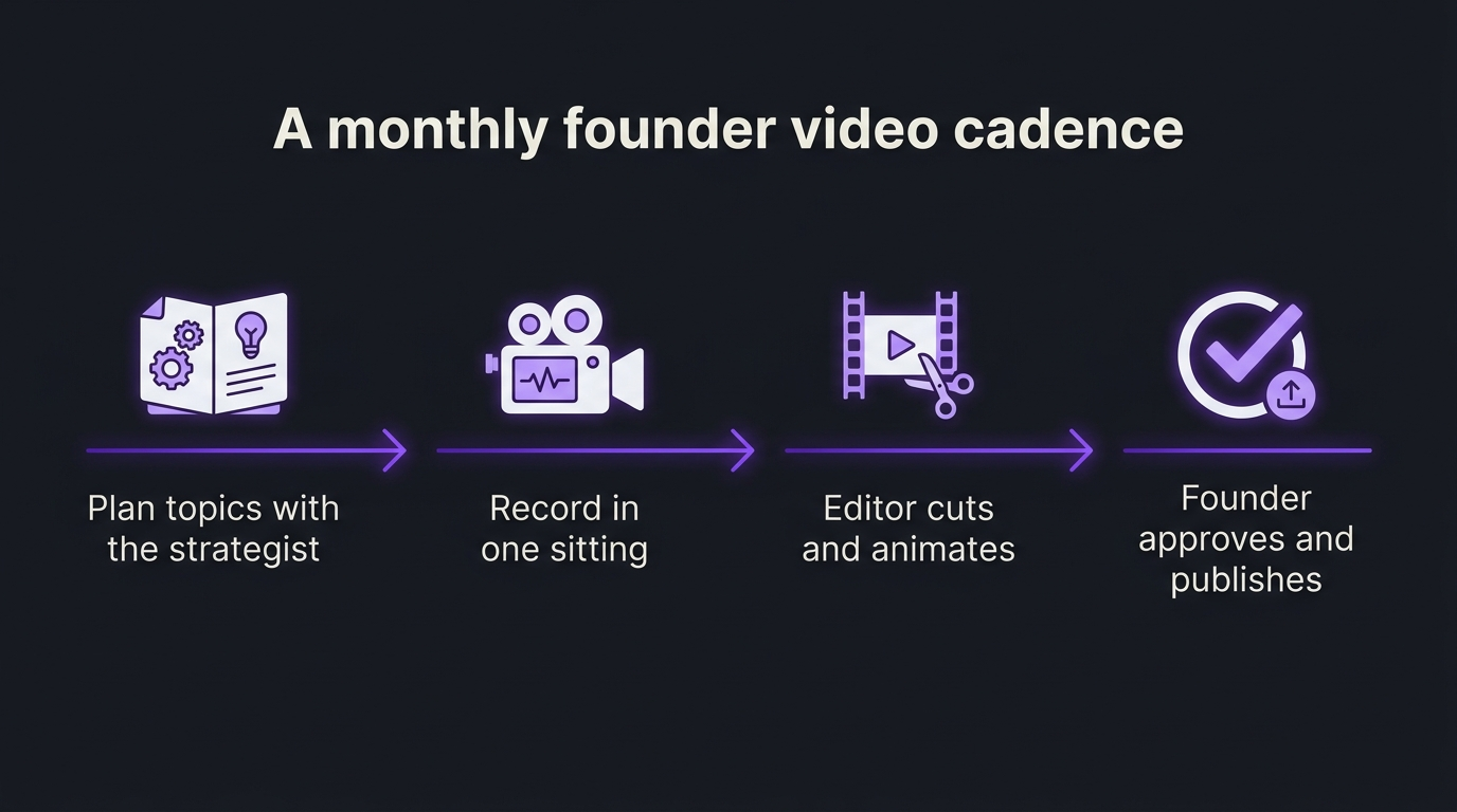 Monthly founder video cadence: plan topics, record in one sitting, editor cuts and animates, founder approves and publishes