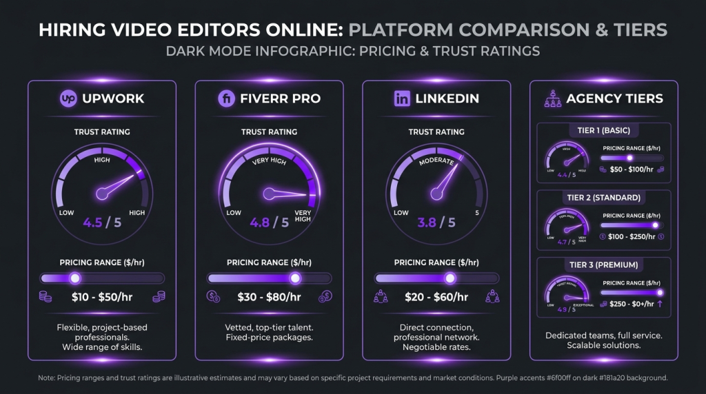 Platform comparison chart for hiring a video editor online: Upwork vs Fiverr Pro vs LinkedIn vs Agency